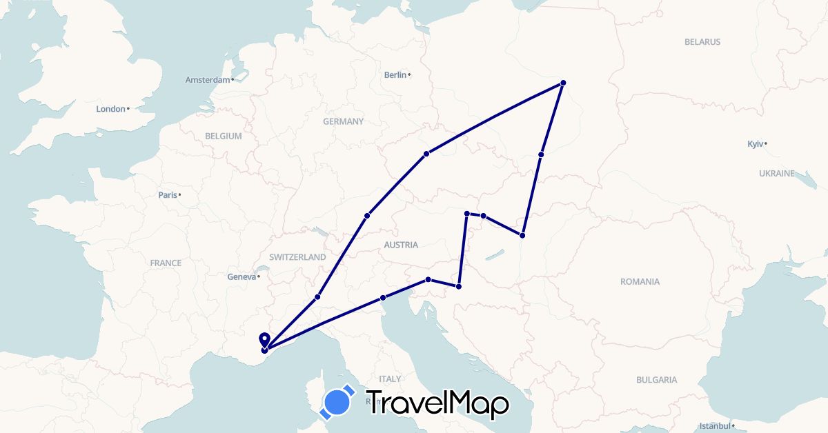 TravelMap itinerary: driving in Austria, Czech Republic, Germany, France, Croatia, Hungary, Italy, Poland, Slovenia, Slovakia (Europe)