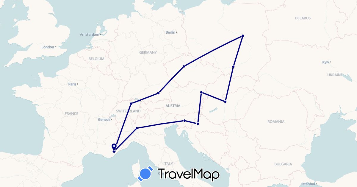 TravelMap itinerary: driving in Austria, Switzerland, Czech Republic, Germany, France, Croatia, Hungary, Italy, Poland, Slovenia (Europe)